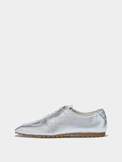 Aeyde | Uma Sneaker Leather Flats for Women | Silver Laminated Nappa | Square Toe | Flat Heel | Side View