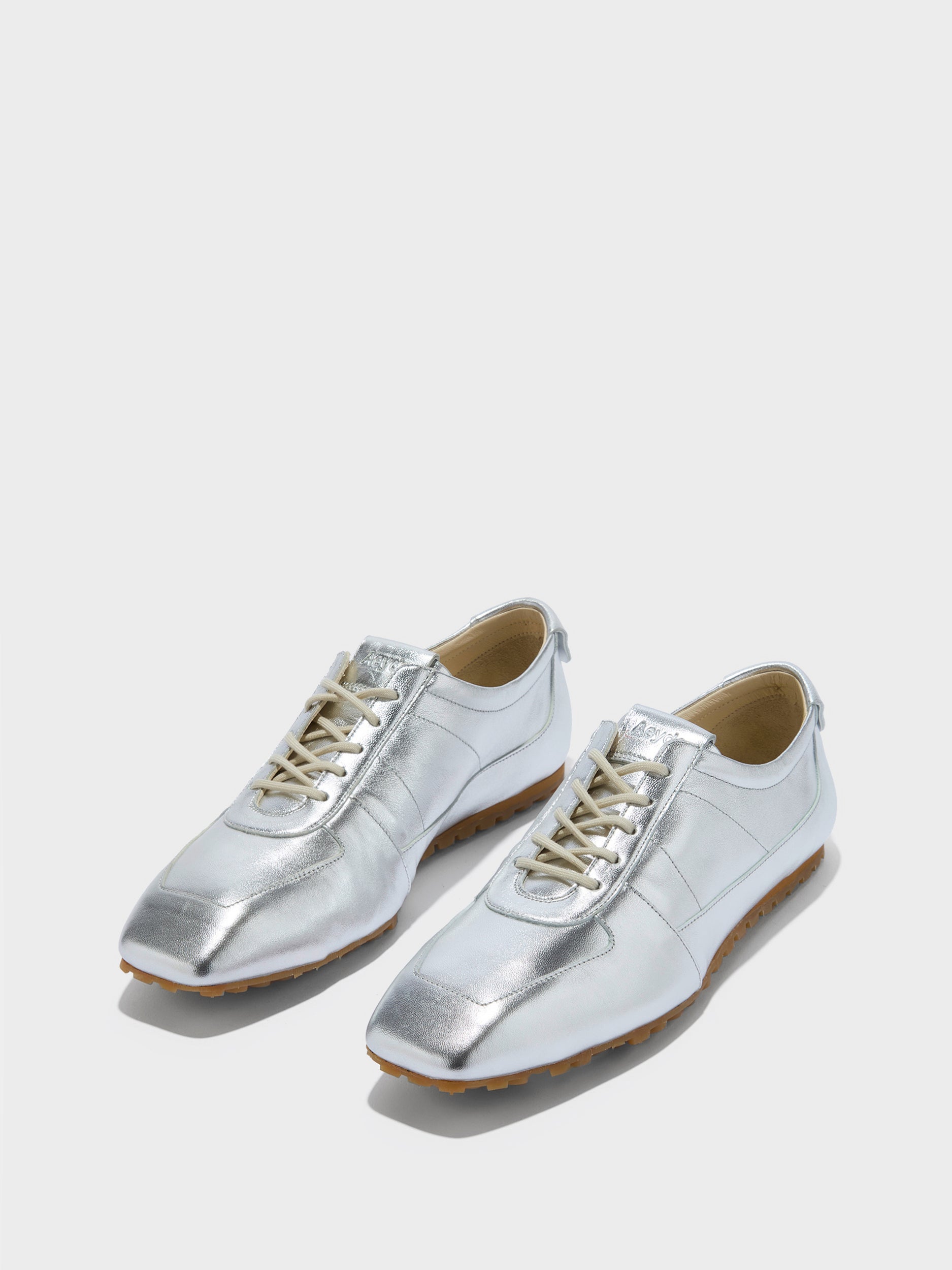 Aeyde | Uma Sneaker Leather Flats for Women | Silver Laminated Nappa | Square Toe | Flat Heel | Luxury Materials | Handmade in Italy