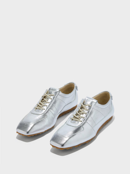 Aeyde | Uma Sneaker Leather Flats for Women | Silver Laminated Nappa | Square Toe | Flat Heel | Luxury Materials | Handmade in Italy
