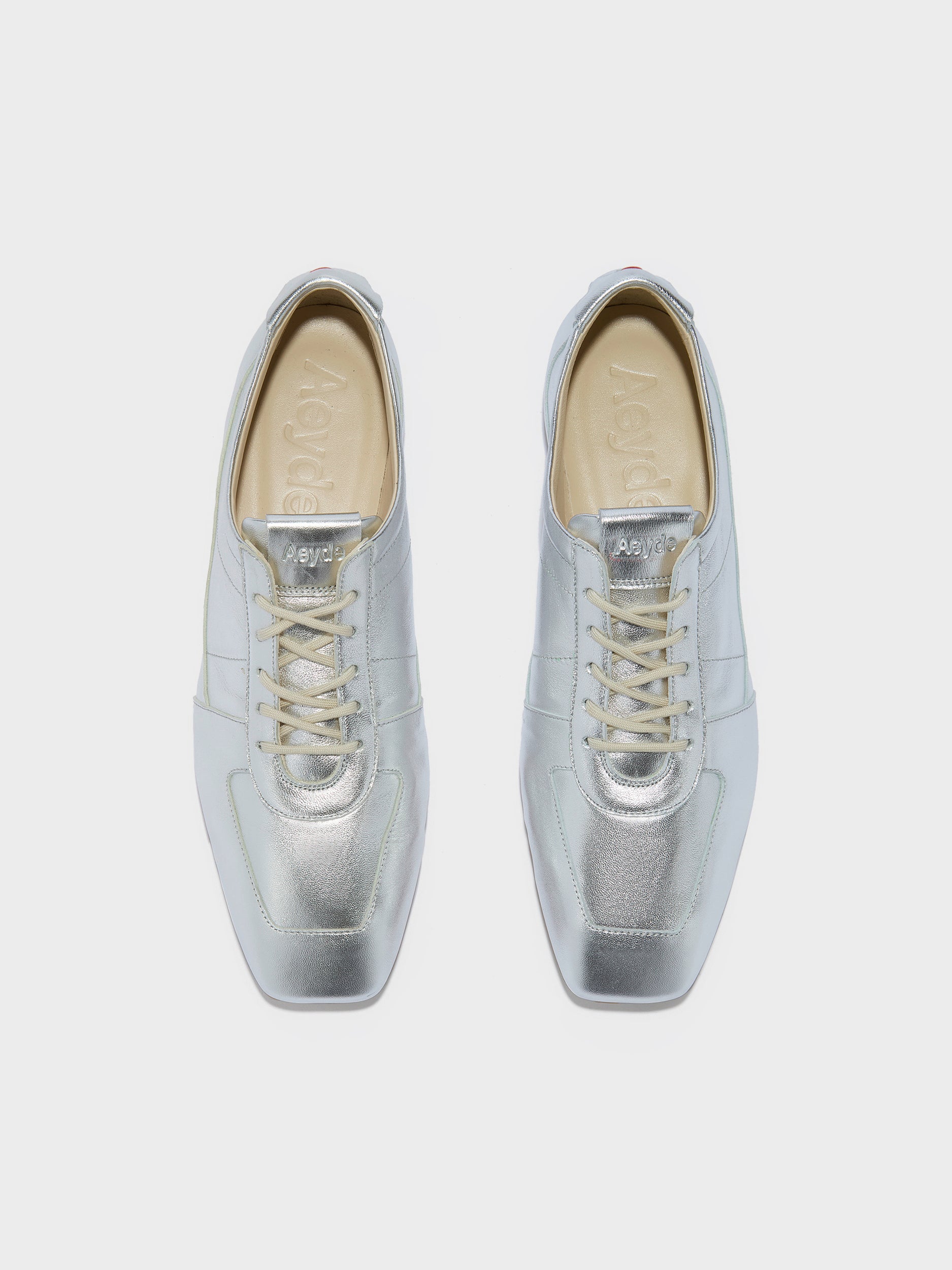 Aeyde | Uma Sneaker Leather Flats for Women | Silver Laminated Nappa | Square Toe | Flat Heel | Front View