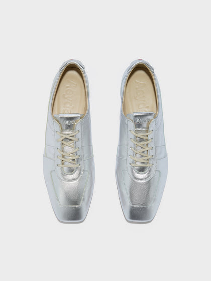 Aeyde | Uma Sneaker Leather Flats for Women | Silver Laminated Nappa | Square Toe | Flat Heel | Front View