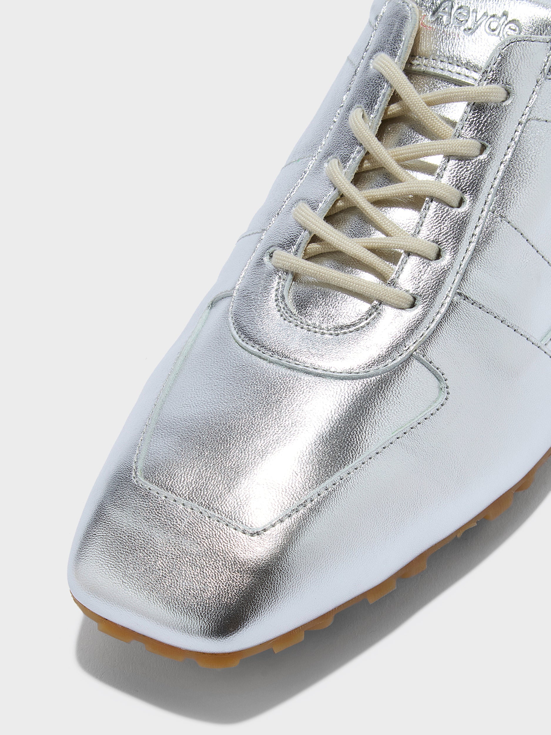 Aeyde | Uma Sneaker Leather Flats for Women | Silver Laminated Nappa | Square Toe | Flat Heel | Heel Details