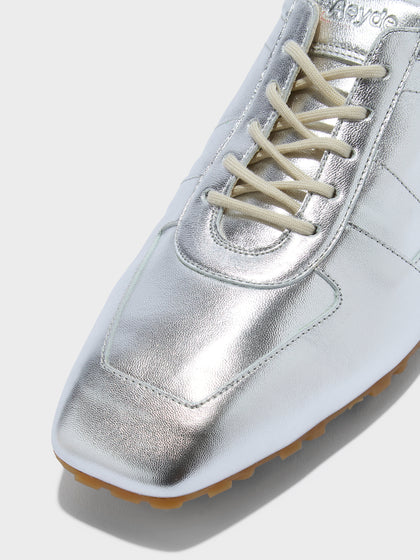 Aeyde | Uma Sneaker Leather Flats for Women | Silver Laminated Nappa | Square Toe | Flat Heel | Heel Details