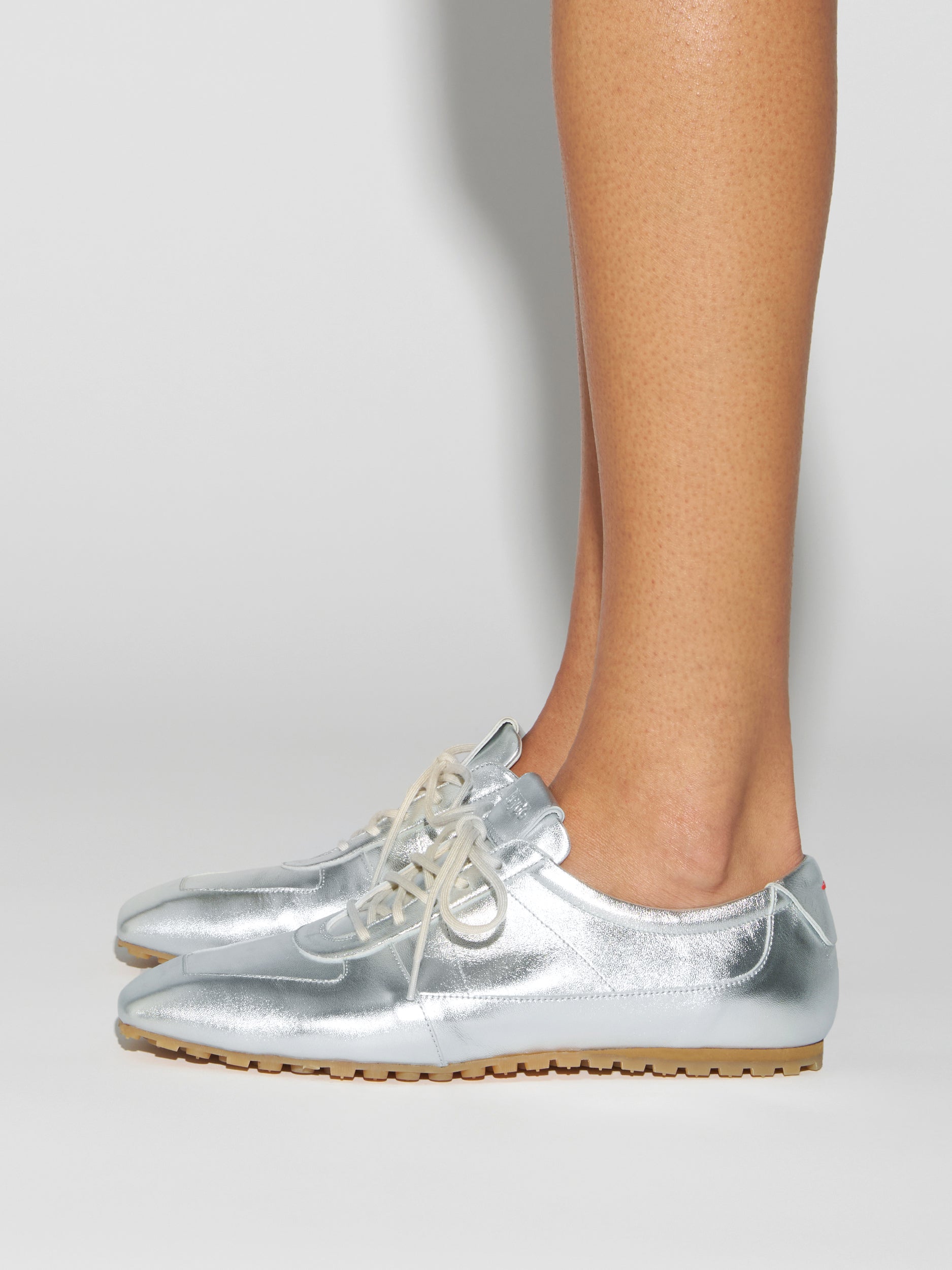 Aeyde | Uma Sneaker Leather Flats for Women | Silver Laminated Nappa | Square Toe | Flat Heel | How to Style
