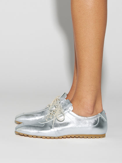 Aeyde | Uma Sneaker Leather Flats for Women | Silver Laminated Nappa | Square Toe | Flat Heel | How to Style
