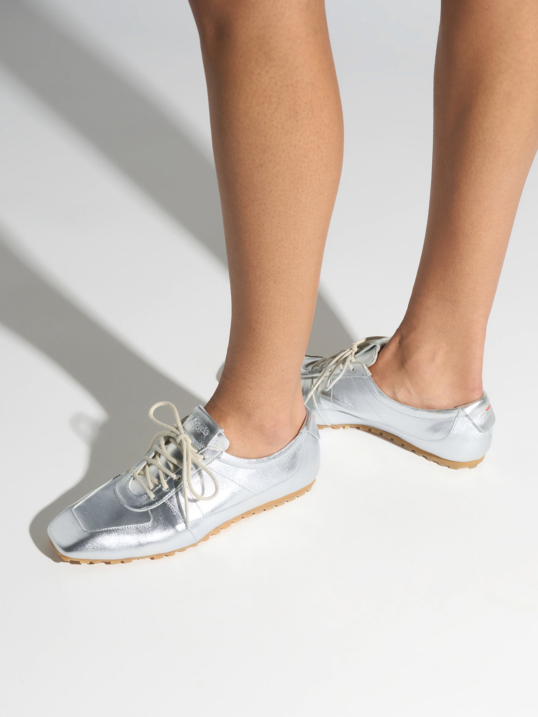 Aeyde | Uma Sneaker Leather Flats for Women | Silver Laminated Nappa | Square Toe | Flat Heel | On Feet
