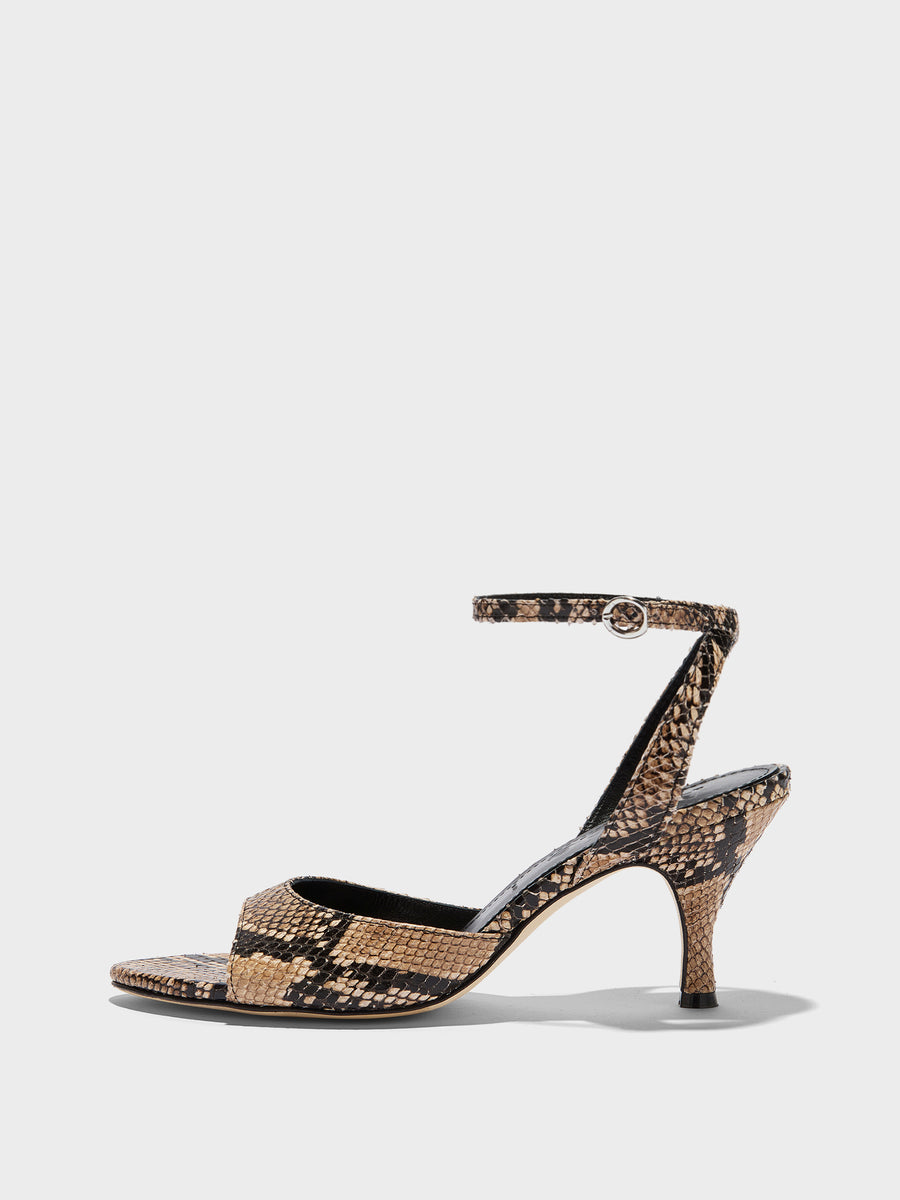 Aeyde | Jada Leather Heeled Sandals for Women | Hazelnut Snake | Round Toe | High Heel | Side View