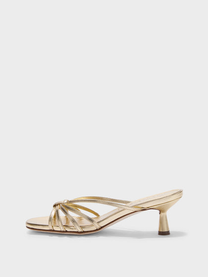 Aeyde | Abby Leather Heeled Sandals for Women | Gold Laminated Nappa | Round Toe | Mid Heel | Side View