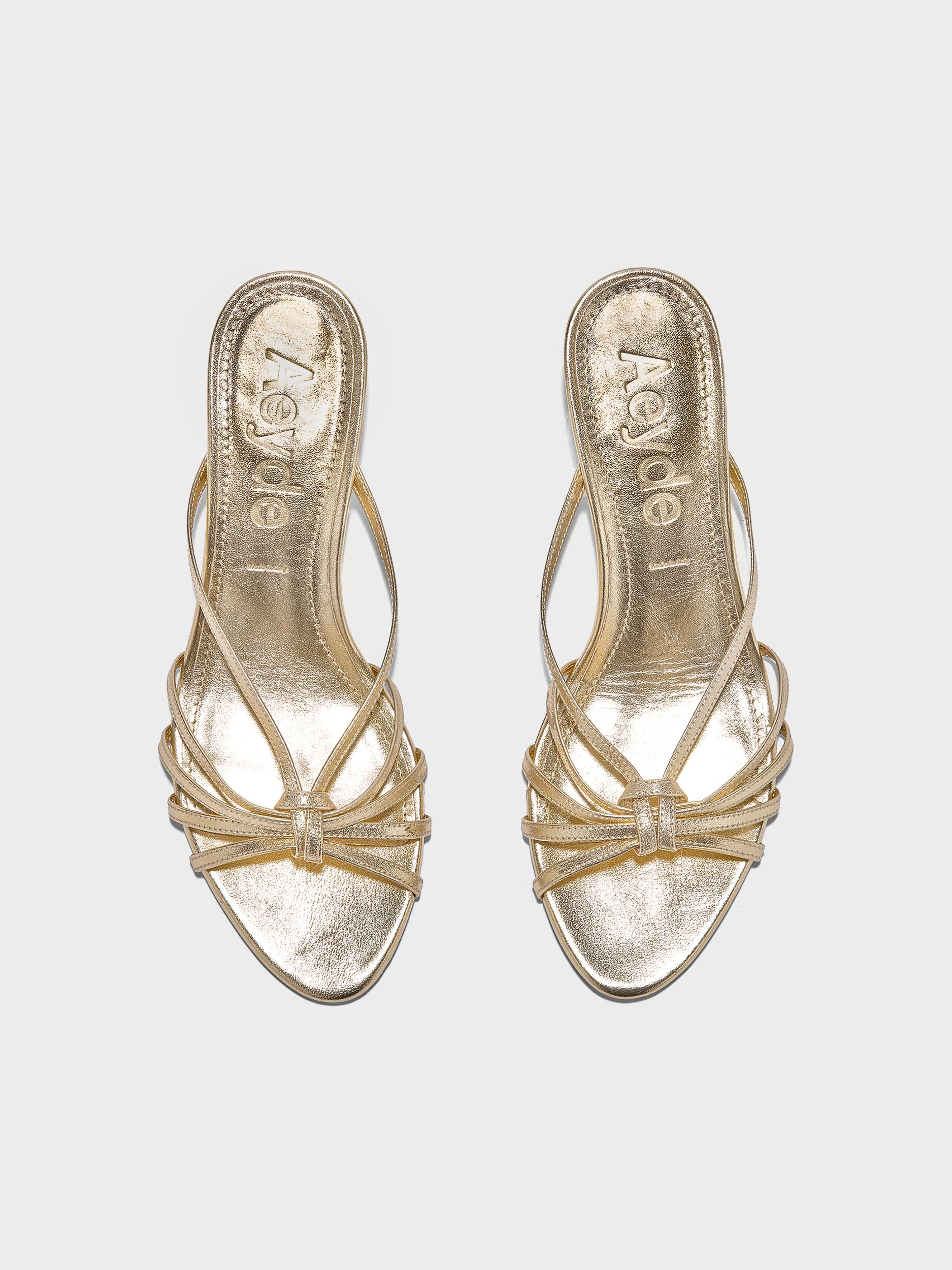 Aeyde | Abby Leather Heeled Sandals for Women | Gold Laminated Nappa | Round Toe | Mid Heel | Front View