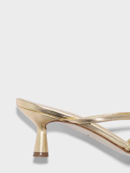 Aeyde | Abby Leather Heeled Sandals for Women | Gold Laminated Nappa | Round Toe | Mid Heel | Heel Details