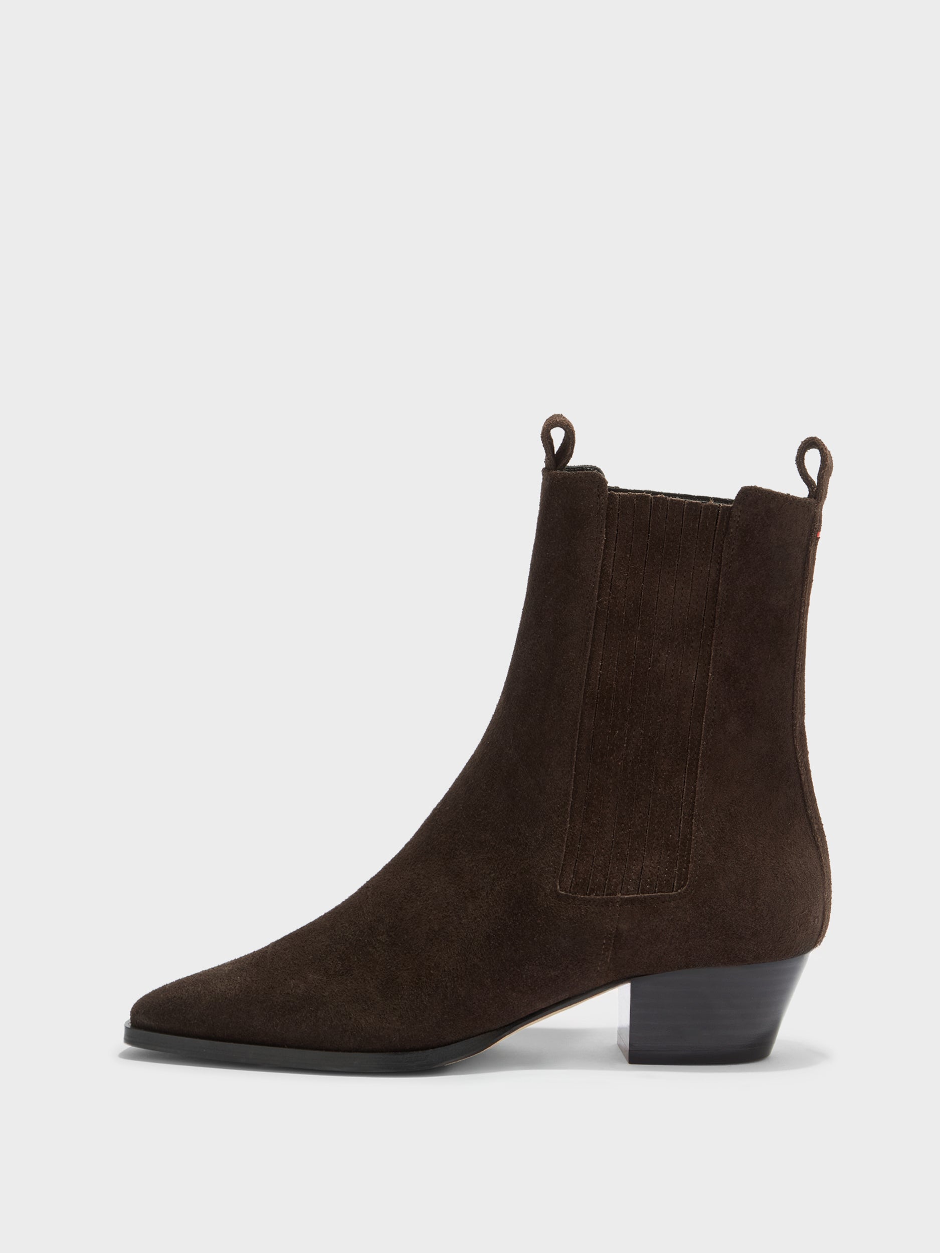 Aeyde | Agata Leather Ankle Boots for Women | Moka Suede | Pointed Toe | Low Heel | Side View
