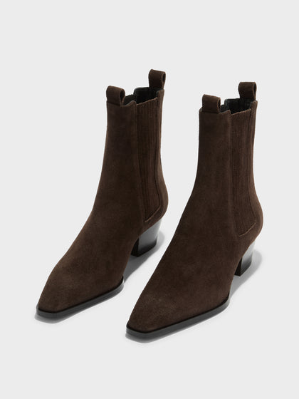 Aeyde | Agata Leather Ankle Boots for Women | Moka Suede | Pointed Toe | Low Heel | Luxury Materials | Handmade in Italy