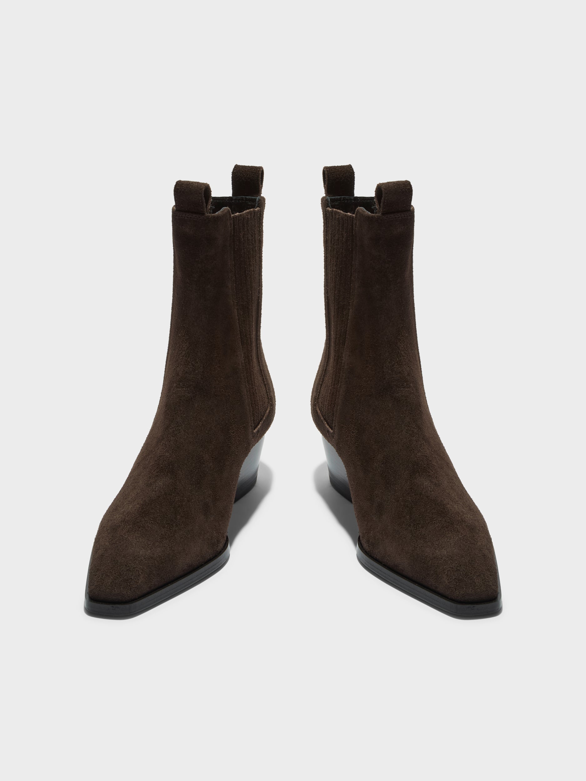 Aeyde | Agata Leather Ankle Boots for Women | Moka Suede | Pointed Toe | Low Heel | Front View