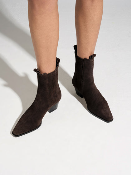 Aeyde | Agata Leather Ankle Boots for Women | Moka Suede | Pointed Toe | Low Heel | On Feet