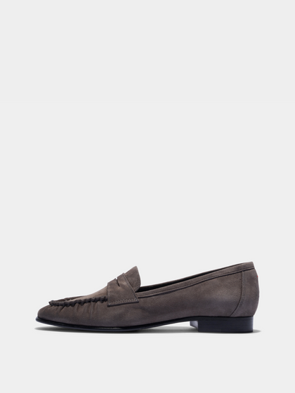 Aeyde | Aldous Suede Loafers Leather Flats for Women | Taupe Suede | Round Toe | Low Heel | Side View