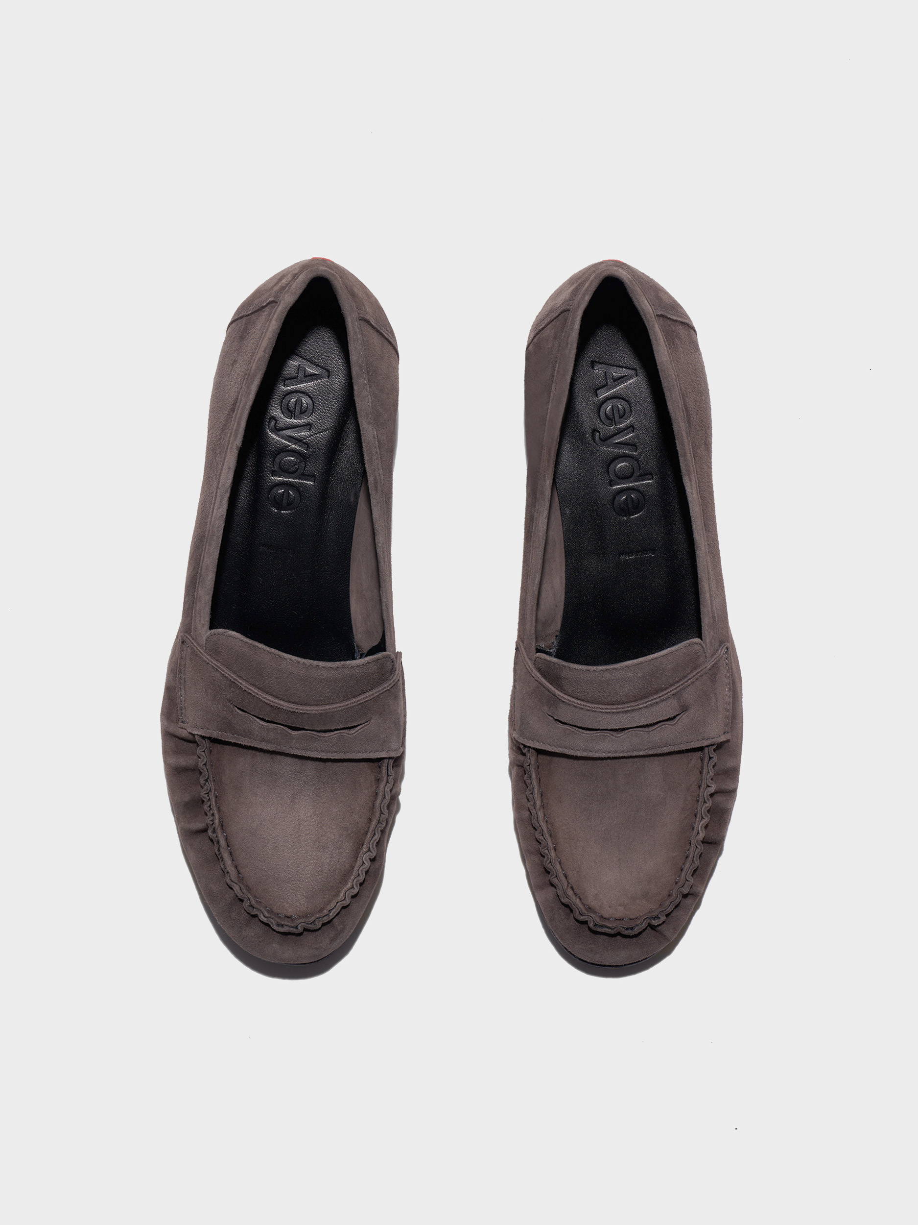 Aeyde | Aldous Suede Loafers Leather Flats for Women | Taupe Suede | Round Toe | Low Heel | Front View