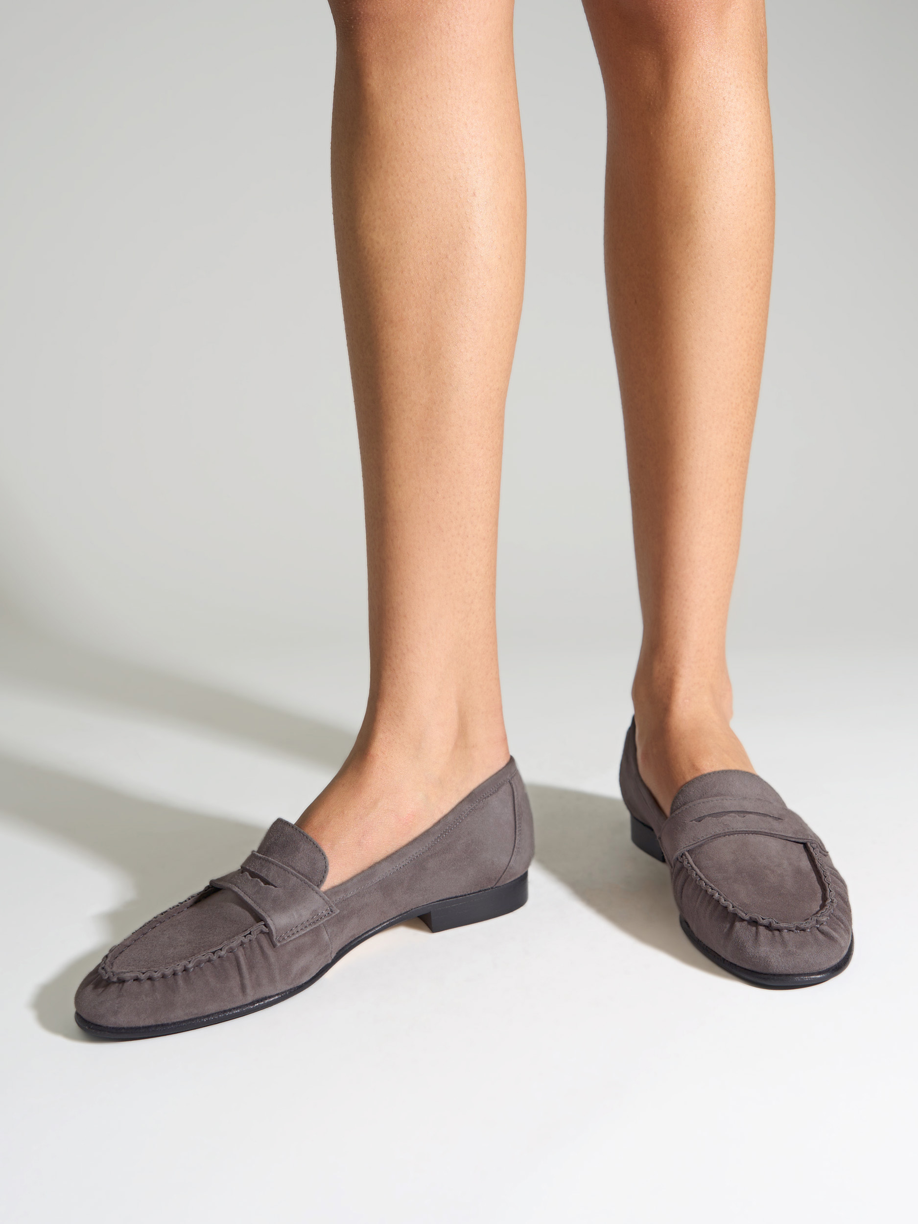 Aeyde | Aldous Suede Loafers Leather Flats for Women | Taupe Suede | Round Toe | Low Heel | On Feet