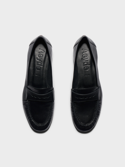 Aeyde | Aldous Leather Loafers Leather Flats for Women | Black Nappa | Round Toe | Low Heel | Heel Details