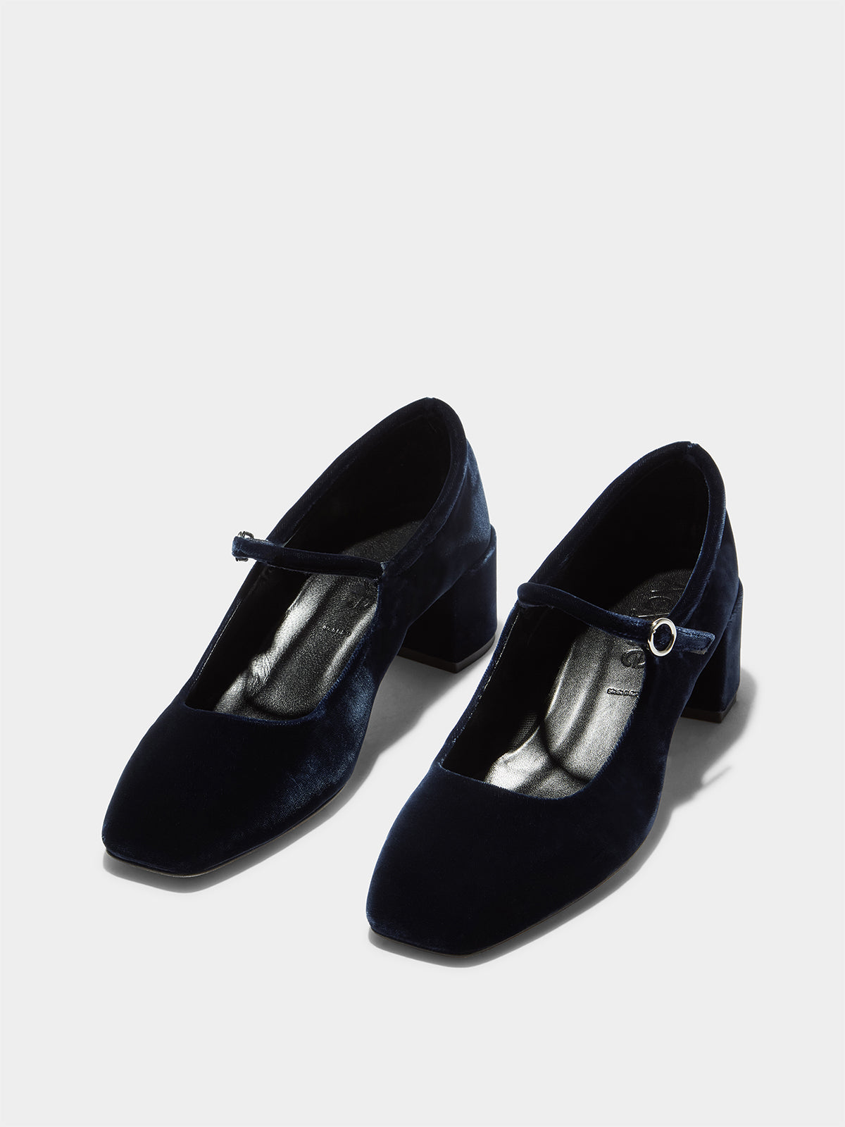 Aeyde | Aline Velvet Mary-Jane Pumps Leather Pumps for Women | Navy Velvet | Square Toe | Mid Heel | On Feet