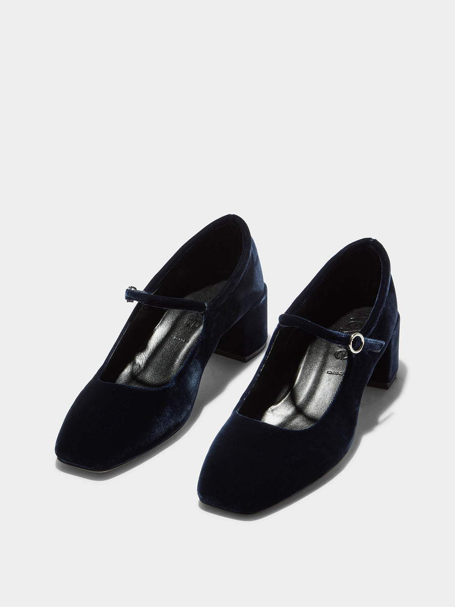 Aeyde | Aline Velvet Mary-Jane Pumps Leather Pumps for Women | Navy Velvet | Square Toe | Mid Heel | On Feet