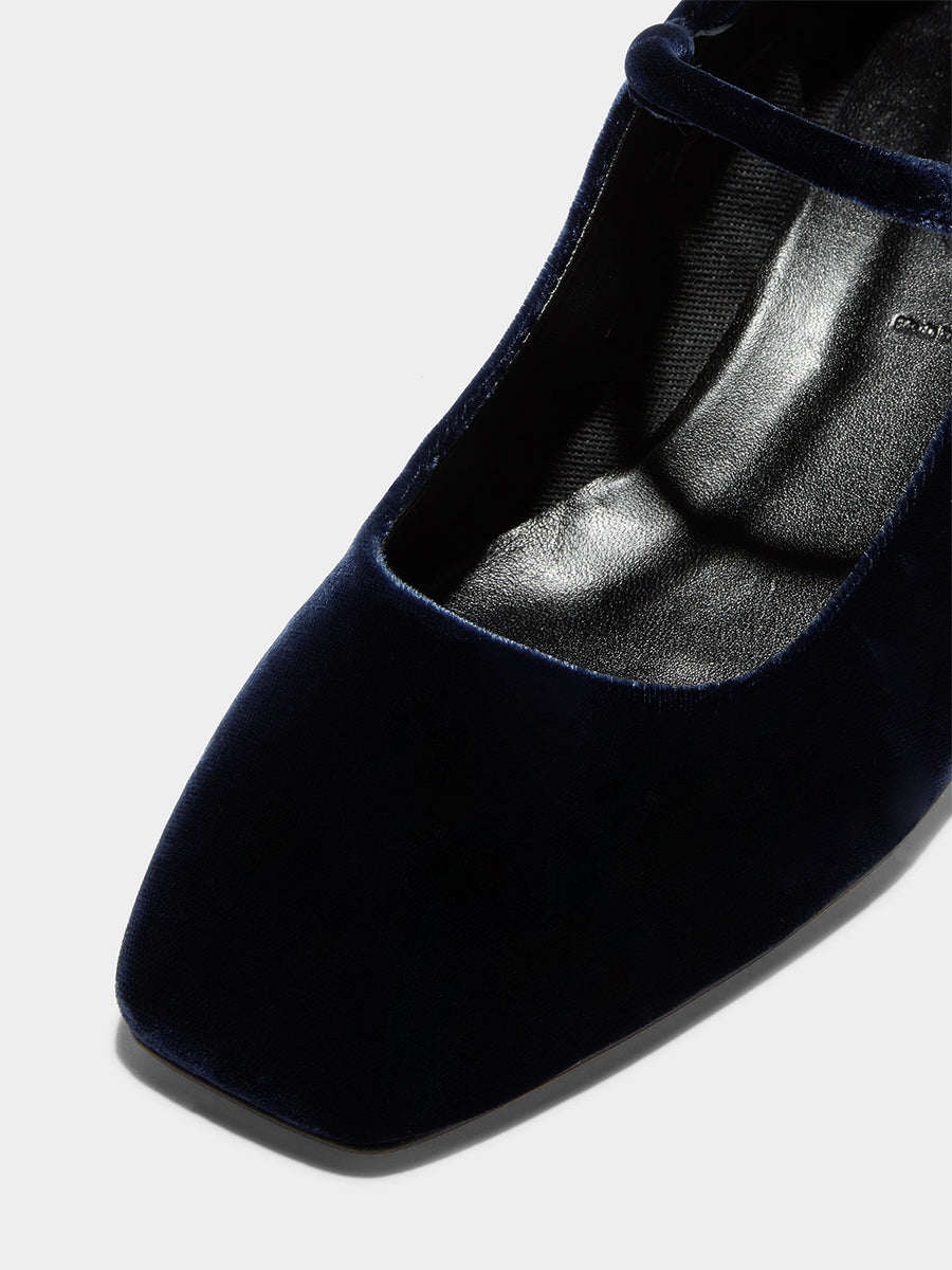 Aeyde | Aline Velvet Mary-Jane Pumps Leather Pumps for Women | Navy Velvet | Square Toe | Mid Heel | Luxury Materials | Handmade in Italy