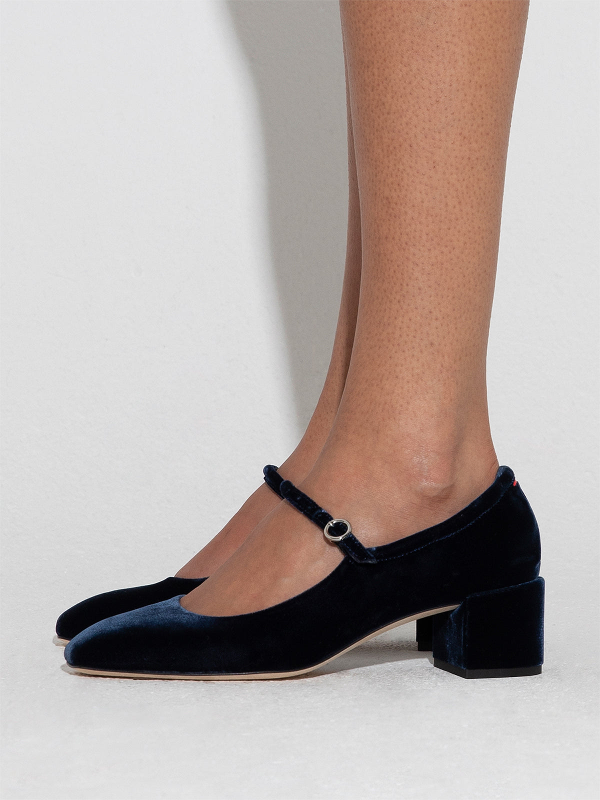 Aeyde | Aline Velvet Mary-Jane Pumps Leather Pumps for Women | Navy Velvet | Square Toe | Mid Heel | How to Style
