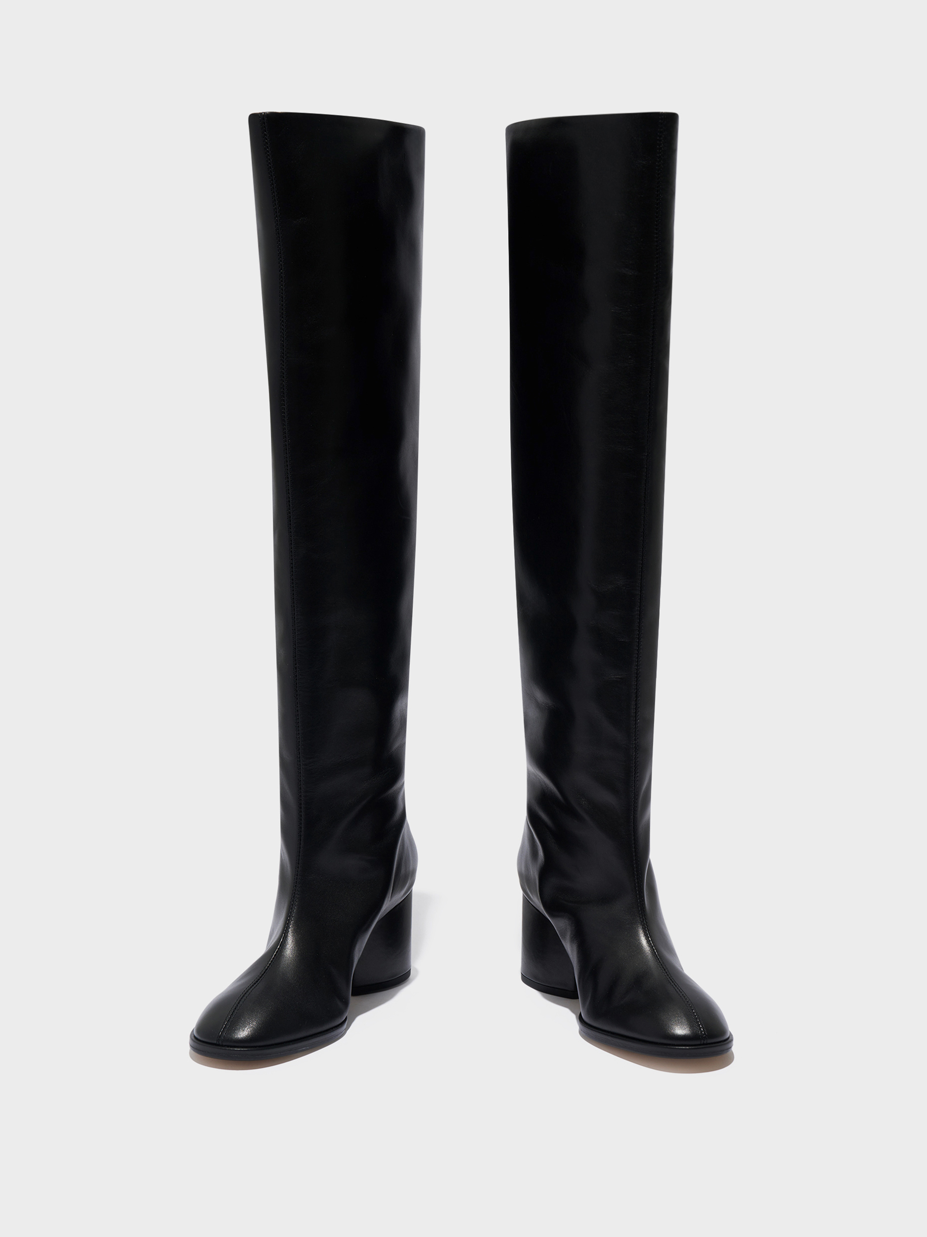 Aeyde | Almut Knee-High Boots Leather Knee High Boots for Women | Black Calf | Round Toe | Mid Heel | Heel Details