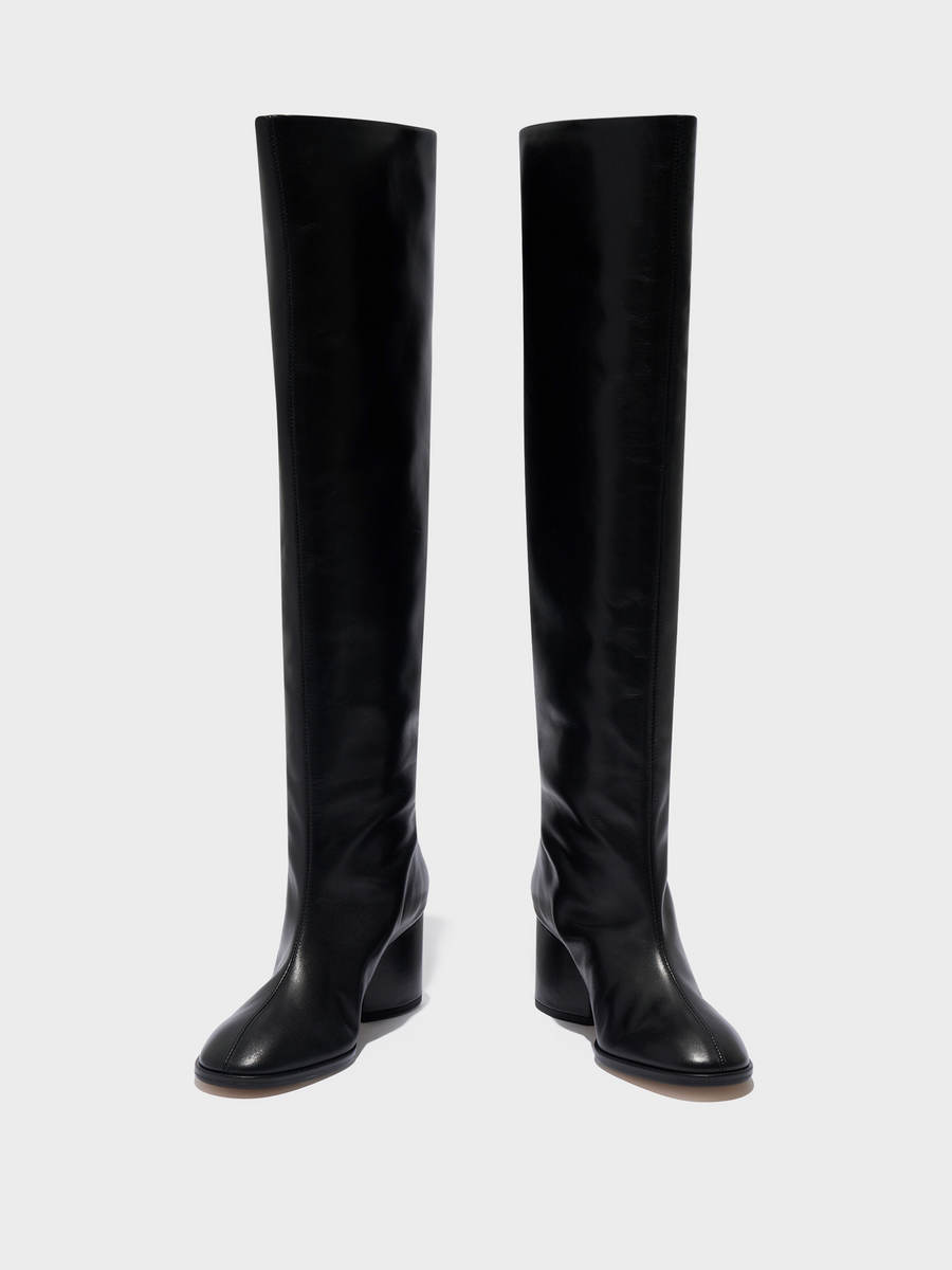 Aeyde | Almut Knee-High Boots Leather Knee High Boots for Women | Black Calf | Round Toe | Mid Heel | Heel Details