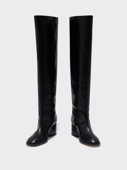 Aeyde | Almut Knee-High Boots Leather Knee High Boots for Women | Black Calf | Round Toe | Mid Heel | Heel Details