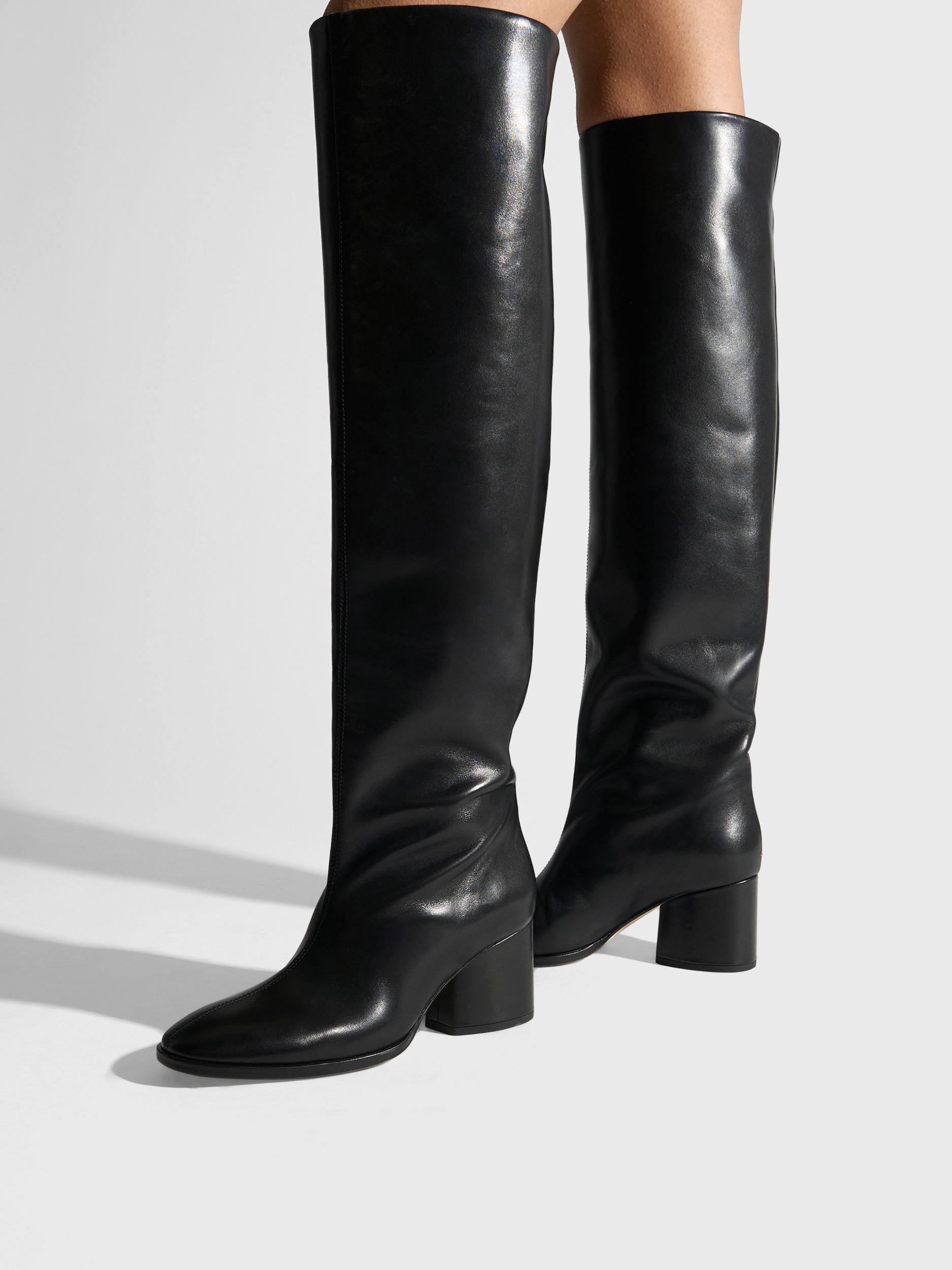 Aeyde | Almut Knee-High Boots Leather Knee High Boots for Women | Black Calf | Round Toe | Mid Heel | On Feet