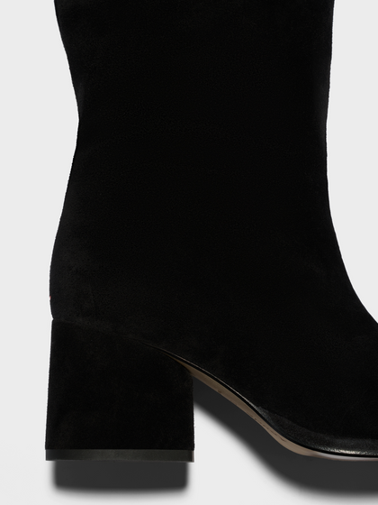 Aeyde | Almut Knee-High Boots Leather Knee High Boots for Women | Black Suede | Round Toe | Mid Heel | Front View