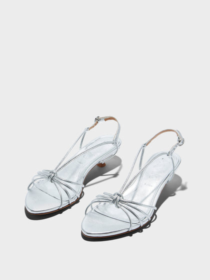 Aeyde | Amara Leather Heeled Sandals for Women | Silver Laminated Nappa | Round Toe | Mid Heel | Luxury Materials | Handmade in Italy