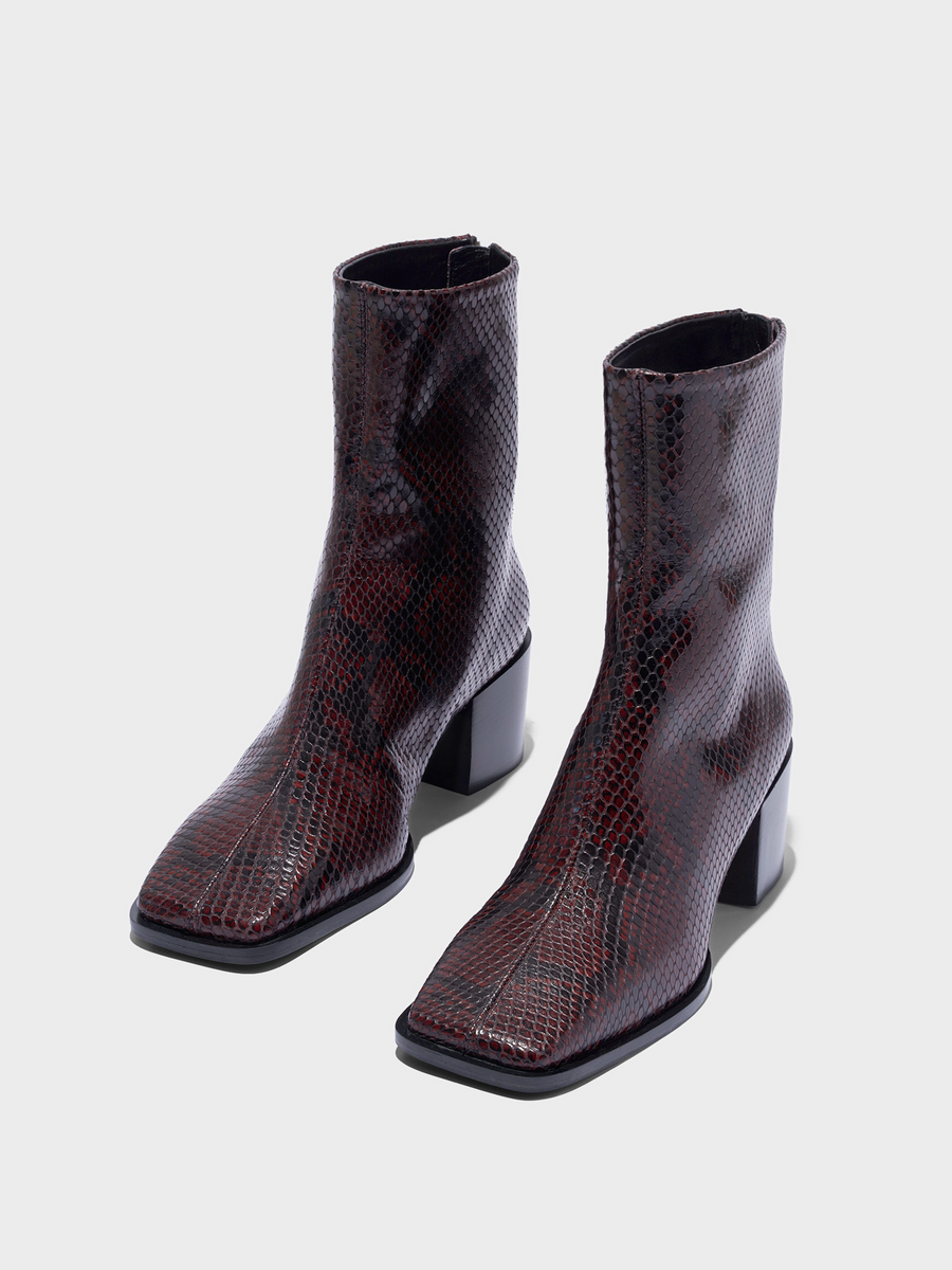 Aeyde | Amina Leather Ankle Boots Leather Ankle Boots for Women | Port Snake | Square Toe | Mid Heel | Luxury Materials | Handmade in Italy