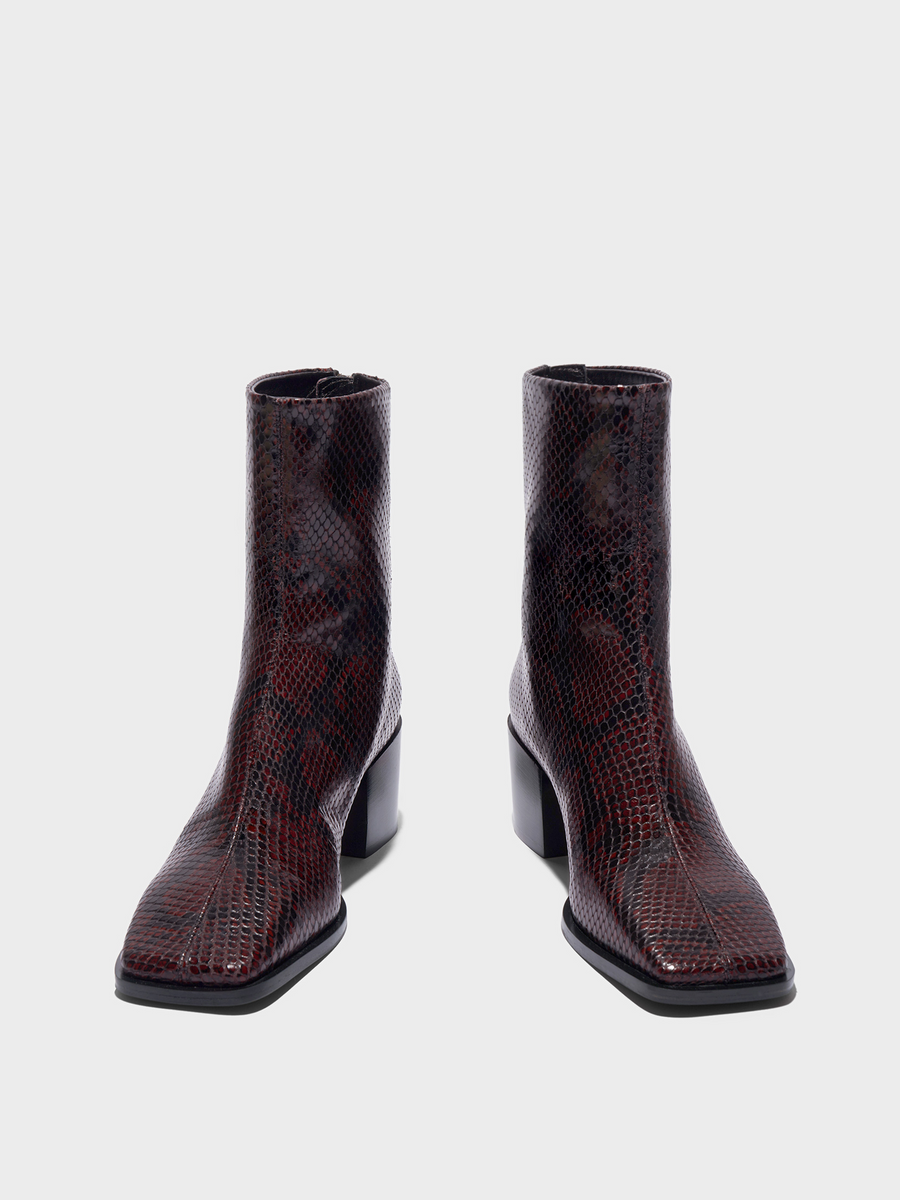 Aeyde | Amina Leather Ankle Boots Leather Ankle Boots for Women | Port Snake | Square Toe | Mid Heel | Front View