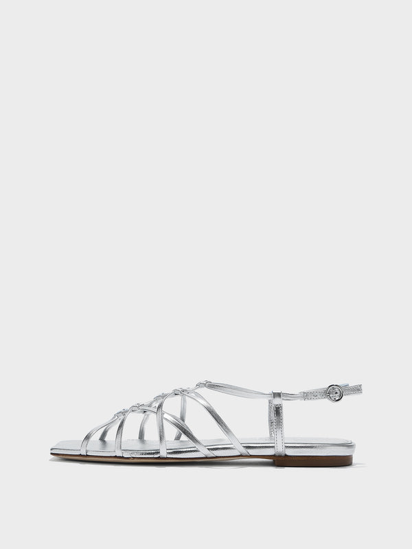 Aeyde | Anisa Leather Flat Sandals for Women | Silver Nappa | Square Toe | Flat Heel | Side View