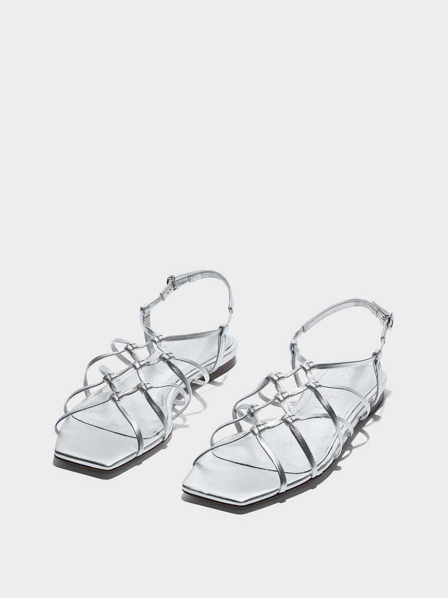Aeyde | Anisa Leather Flat Sandals for Women | Silver Nappa | Square Toe | Flat Heel | Luxury Materials | Handmade in Italy