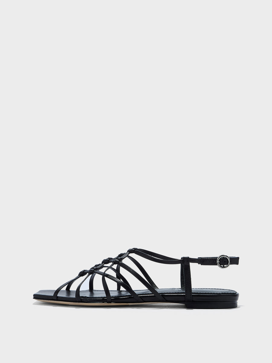 Aeyde | Anisa Leather Flat Sandals for Women | Black Nappa | Square Toe | Flat Heel | Side View