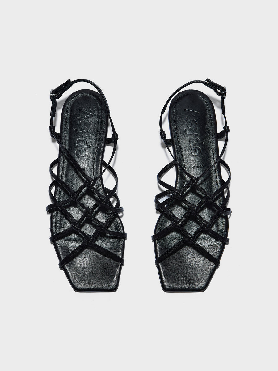 Aeyde | Anisa Leather Flat Sandals for Women | Black Nappa | Square Toe | Flat Heel | Front View