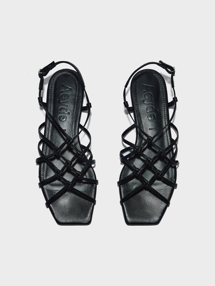 Aeyde | Anisa Leather Flat Sandals for Women | Black Nappa | Square Toe | Flat Heel | Front View