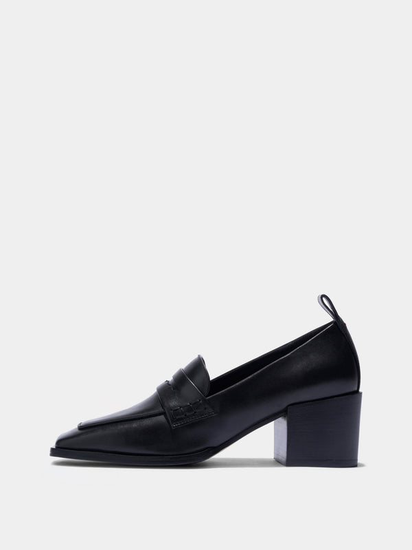 Aeyde | Anka Block-Heel Loafers Leather Loafers, Pumps for Women | Black Calf | Square Toe | Mid Heel | Side View