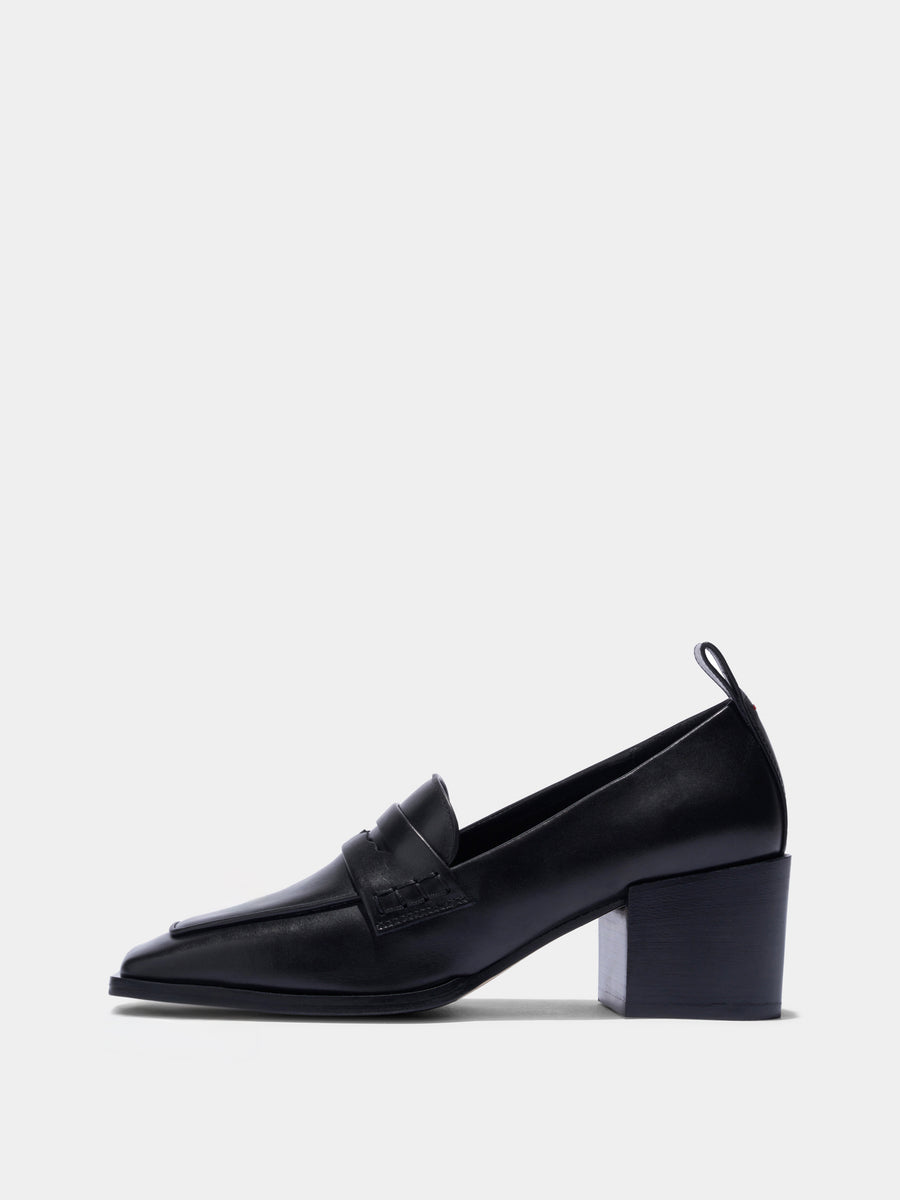 Aeyde | Anka Block-Heel Loafers Leather Loafers, Pumps for Women | Black Calf | Square Toe | Mid Heel | Side View