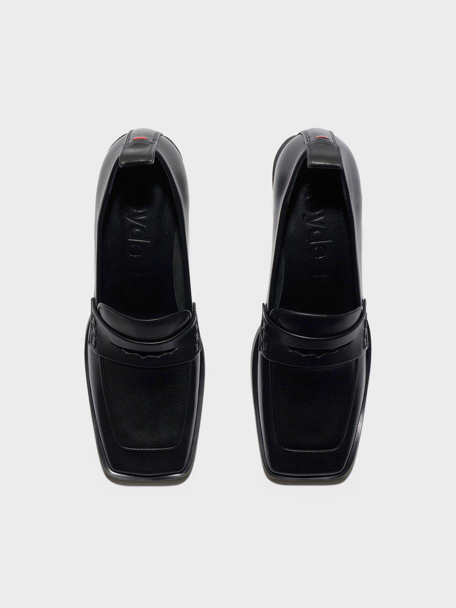 Aeyde | Anka Block-Heel Loafers Leather Loafers, Pumps for Women | Black Calf | Square Toe | Mid Heel | Front View