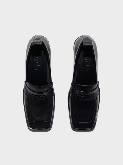 Aeyde | Anka Block-Heel Loafers Leather Loafers, Pumps for Women | Black Calf | Square Toe | Mid Heel | Front View