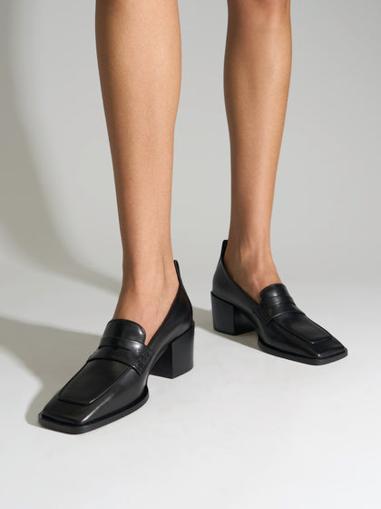 Aeyde | Anka Block-Heel Loafers Leather Loafers, Pumps for Women | Black Calf | Square Toe | Mid Heel | On Feet