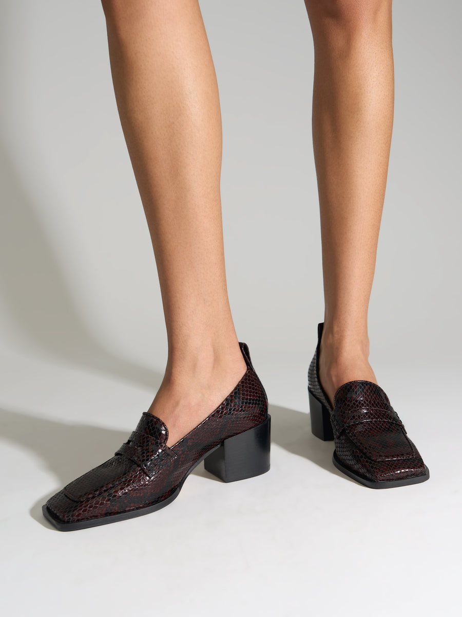 Aeyde | Anka Block-Heel Loafers Leather Pumps for Women | Port Snake | Square Toe | Mid Heel | On Feet