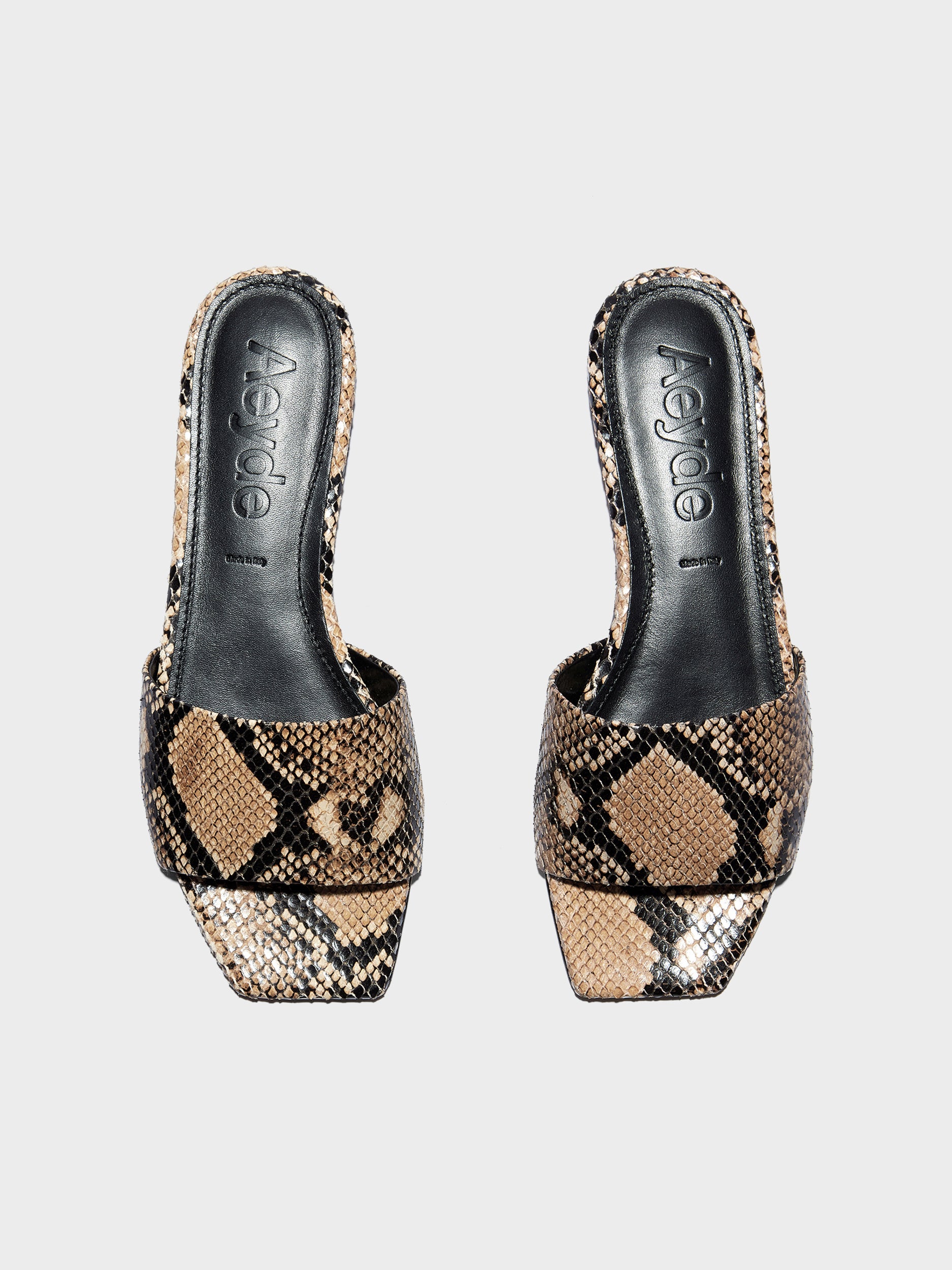 Aeyde | Anna Leather Flat Sandals for Women | Hazelnut Snake | Square Toe | Flat Heel | Front View