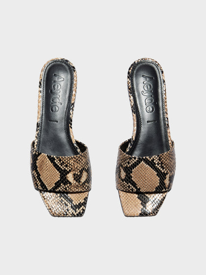 Aeyde | Anna Leather Flat Sandals for Women | Hazelnut Snake | Square Toe | Flat Heel | Front View