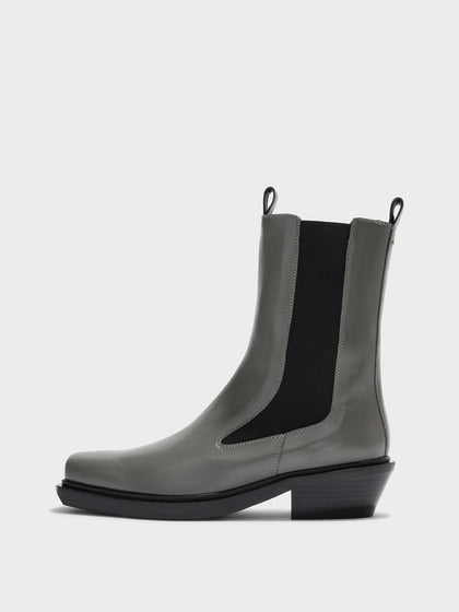 Aeyde | Antonia Leather Biker Boots Leather Ankle Boots for Women | Cement Calf | Square Toe | Low Heel | Side View