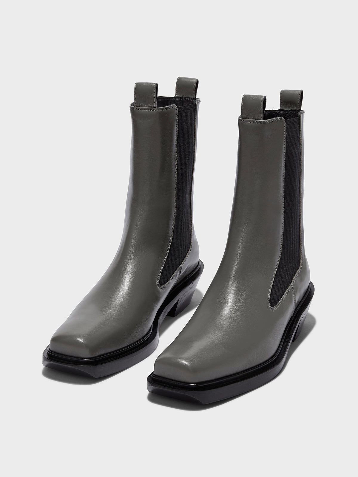 Aeyde | Antonia Leather Biker Boots Leather Ankle Boots for Women | Cement Calf | Square Toe | Low Heel | On Feet