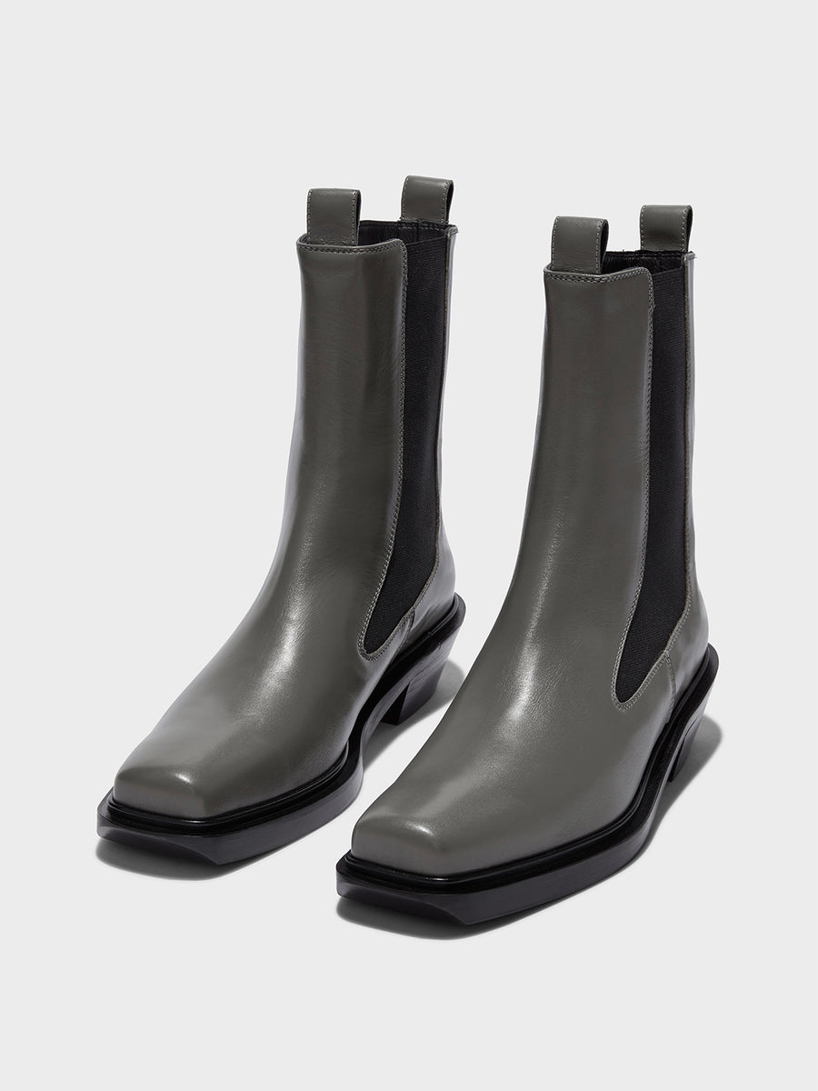 Aeyde | Antonia Leather Biker Boots Leather Ankle Boots for Women | Cement Calf | Square Toe | Low Heel | On Feet